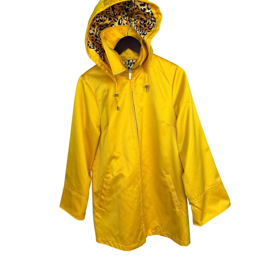 Dennis Basso Yellow Raincoat Leopard Print Lining Hooded Jacket Womens Small